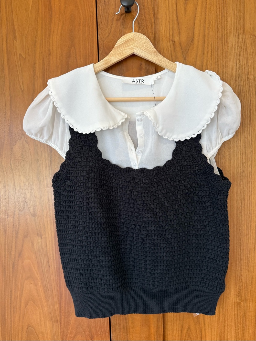 ASTR Black Knit Tank with White Peter Pan Collar Blouse Overlay